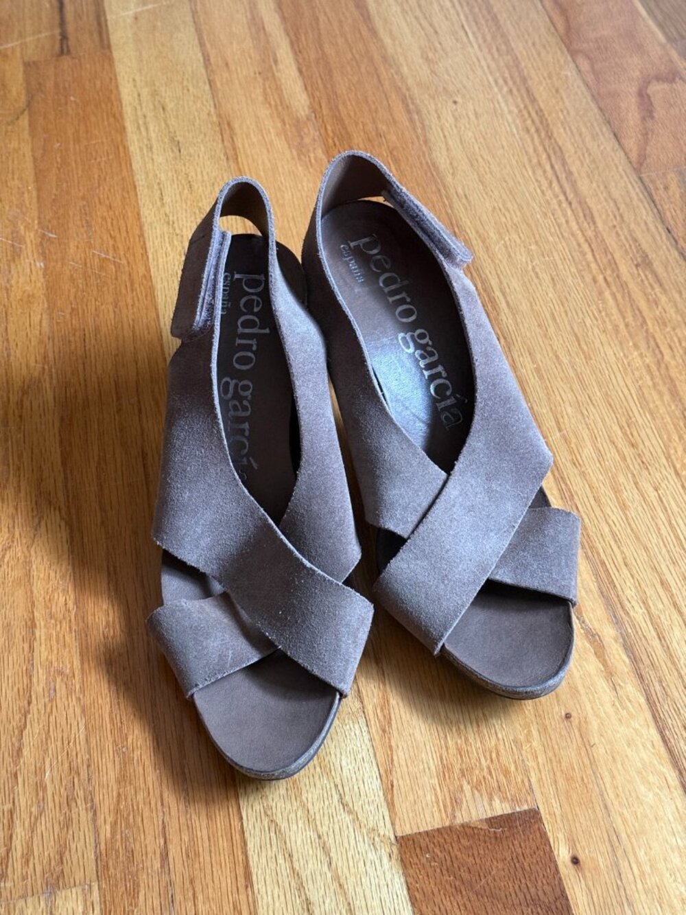 Pedro Garcia Taupe Suede Crisscross Slingback Sandals — Size 38.5